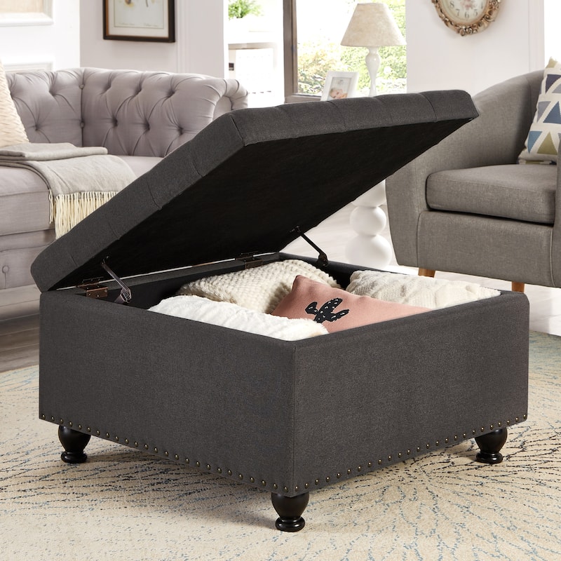Large square storage ottoman with wooden legs