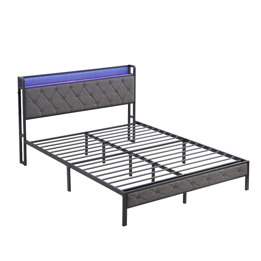 Dark Grey LED Lighted Queen Bed Frame with Storage Headboard and USB Charging No Box Spring Needed
