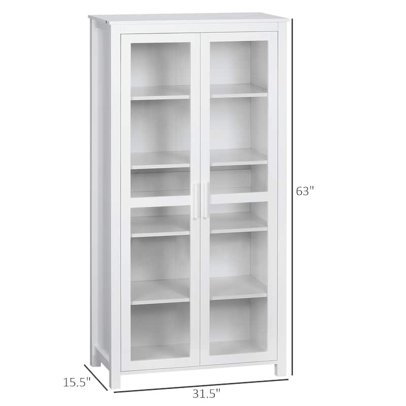 HOMCOM Freestanding Kitchen Pantry, 5-tier Storage Cabinet with Adjustable Shelves and 2 Glass Doors, White
