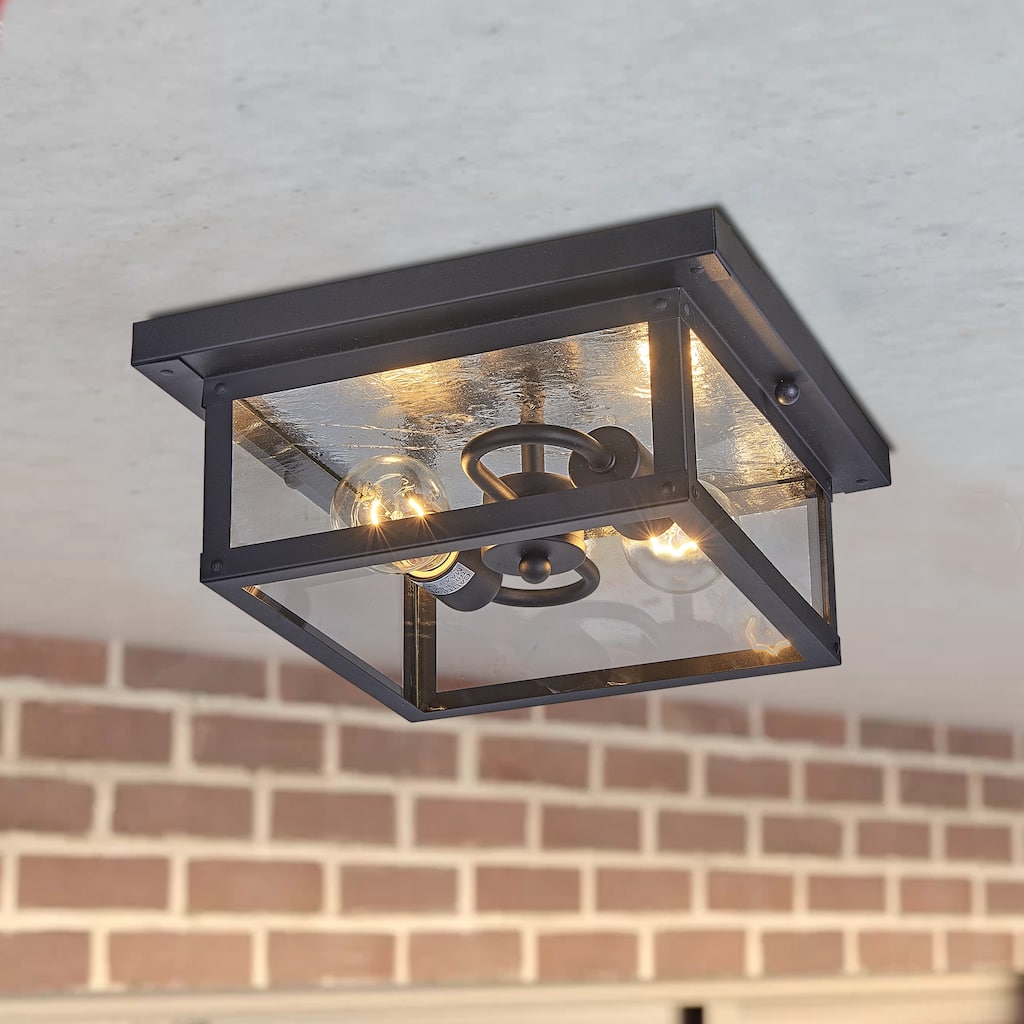 1-Light 9" Outdoor Ceiling Light, Black Finish with Glass Shade