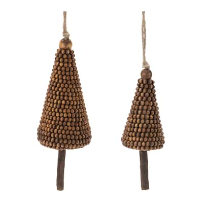 Wood Beaded Pine Tree Ornament (Set of 4) - N/A