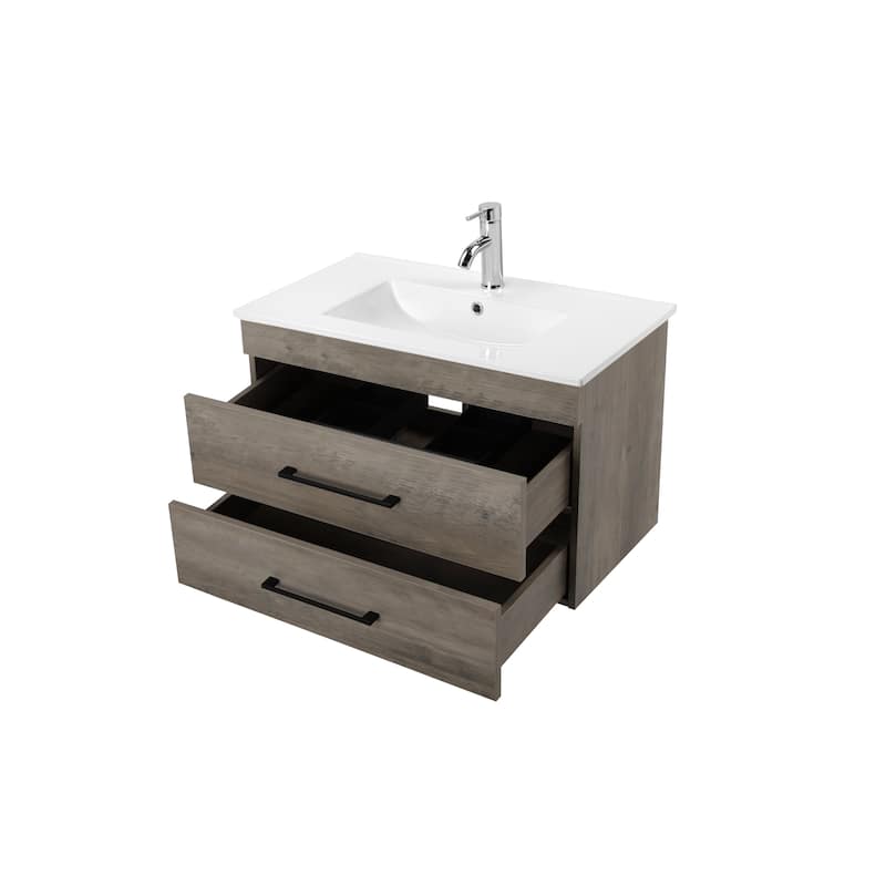 32" Grey Wall-Mounted Bathroom Vanity with Double Drawers,White Sink