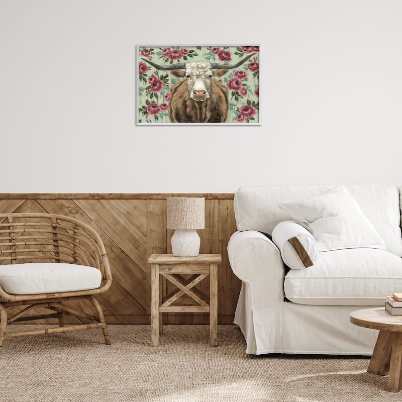 Stupell Longhorn with Magenta Blooms Framed Giclee Art Design By Sara G. Designs