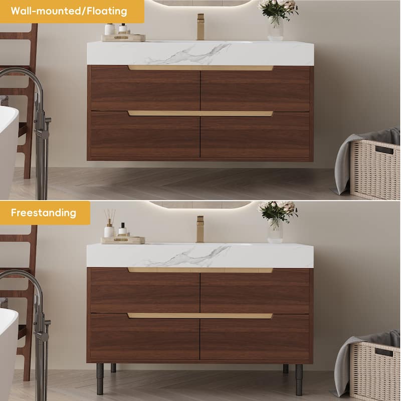 35.4" Farmhouse Bathroom Vanity with Sintered Stone Top, Undermount Sink, 4 Soft-Close Drawers, Free-Standing or Wall Mounted