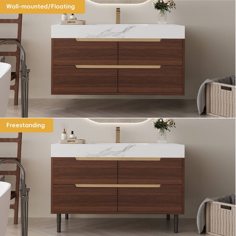35.4" Farmhouse Floating Bathroom Vanity - Sintered Stone Top with Undermount Sink, 4 Drawers, Wall-Mounted - Walnut