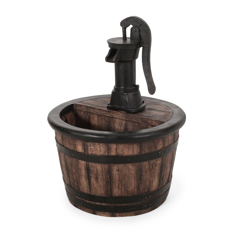 Roomfitters 26.5" Hand-Crafted Rustic Barrel and Pump Outdoor Water Fountain with LED Lights, Weather-Resistant Faux Stone, Wood