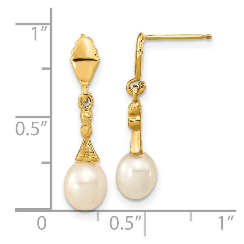 Curata 14k Yellow Gold 5-6mm White Rice Freshwater Cultured Pearl Post Dangle Earrings (24x5.5mm)