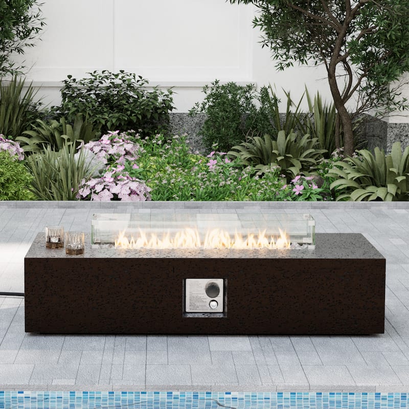 COSIEST Outdoor 56-Inch Rectangular Propane Fire Pit - Brown With Wind Guard&Grey Fire Glass