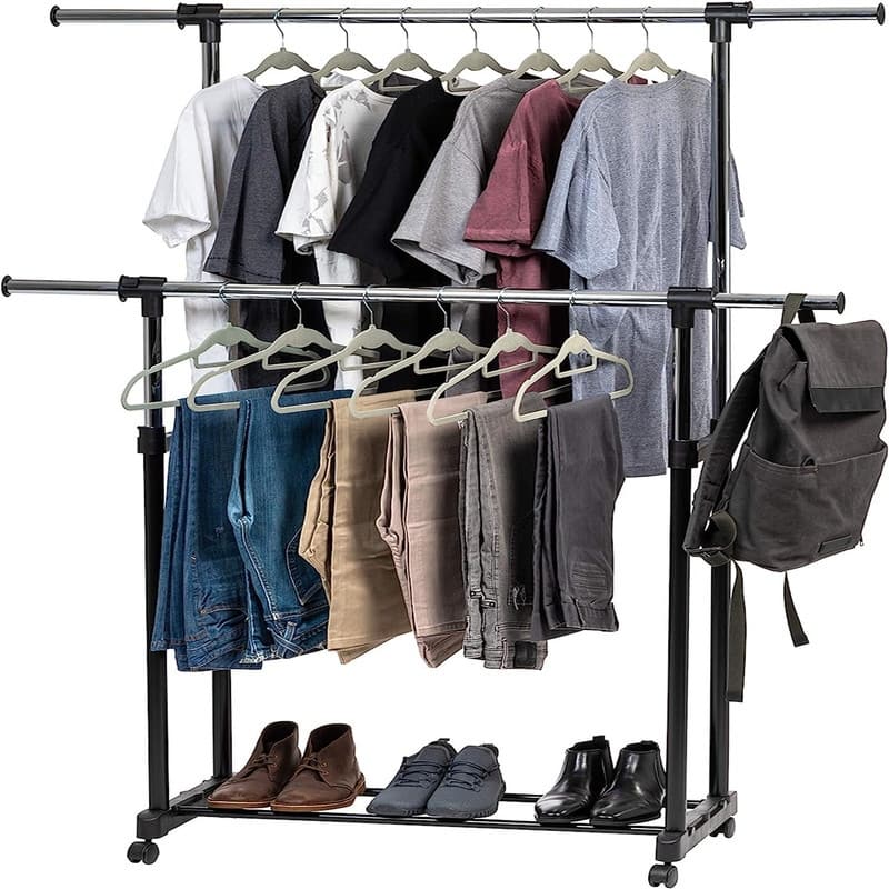 Double Rod Height Adjustable Clothes Rack with Extendable Bar and Lockable Wheels
