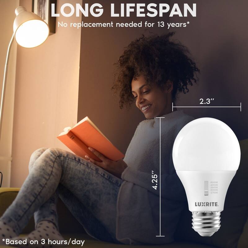 Luxrite A19 LED Light Bulb Dimmable 9W=60W CRI90 5CCT 800 Lumens E26 Base Title CA20 ETL 16 Pack