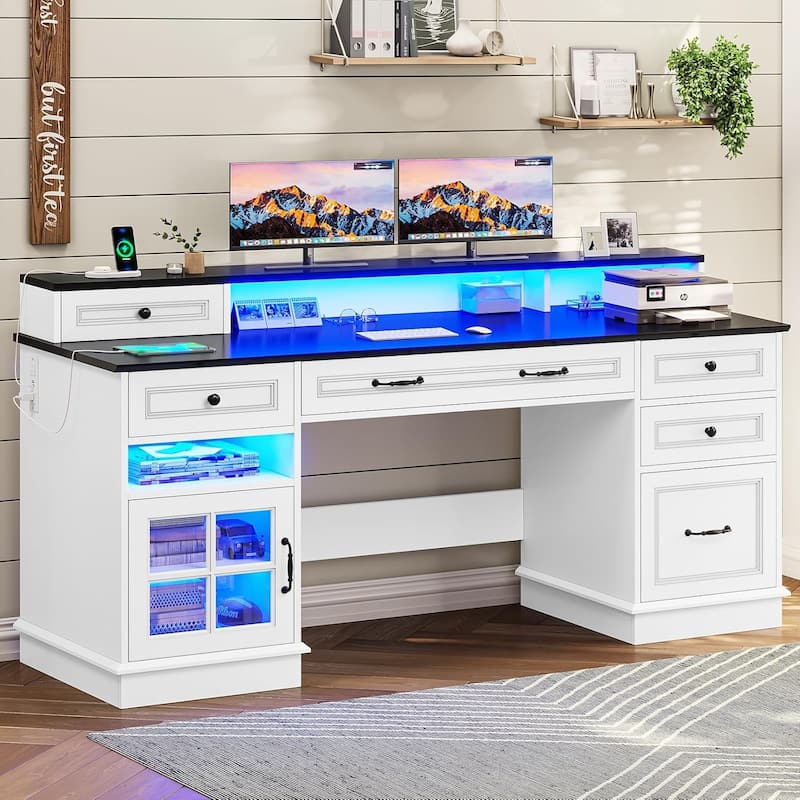 Executive Desk with Drawers Computer Desk with File Drawers Power Outlet LED Lights Storage Cabinet Monitor Shelf