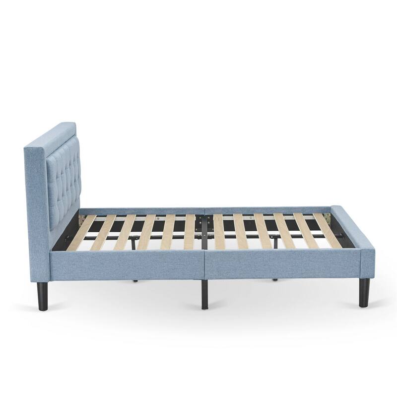 Full Size Bed Frame Upholstered Headboard - Modern Linen Fabric Bed - Black Legs - Easy Assembly