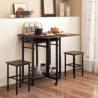 3 PCS Foldable Dining Table Set Extendable Dining Table & 2 Stools Set