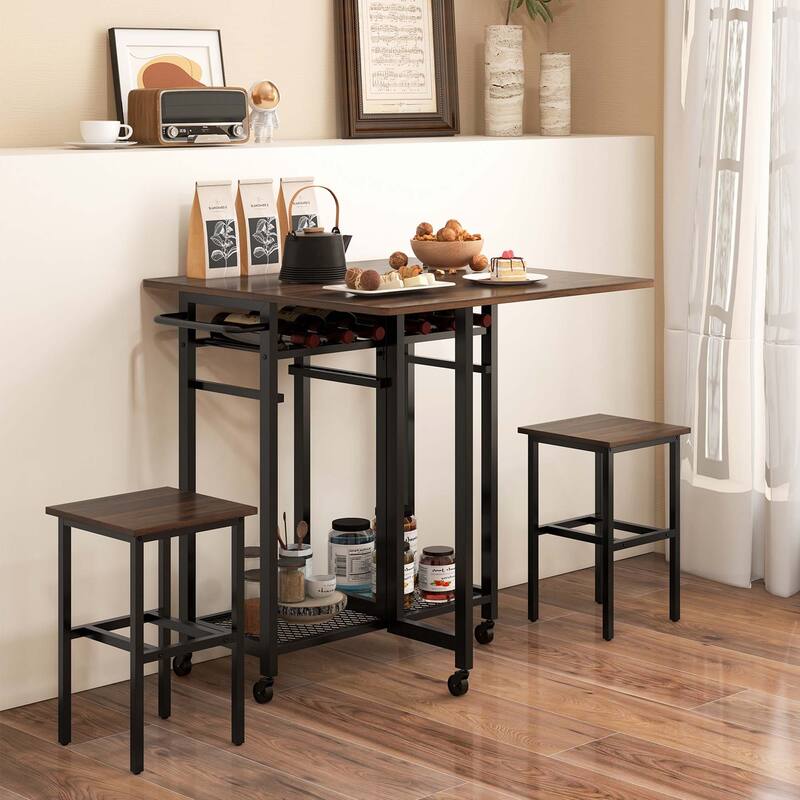 Costway 3 PCS Rolling Dining Table Set Extendable Kitchen Table 2