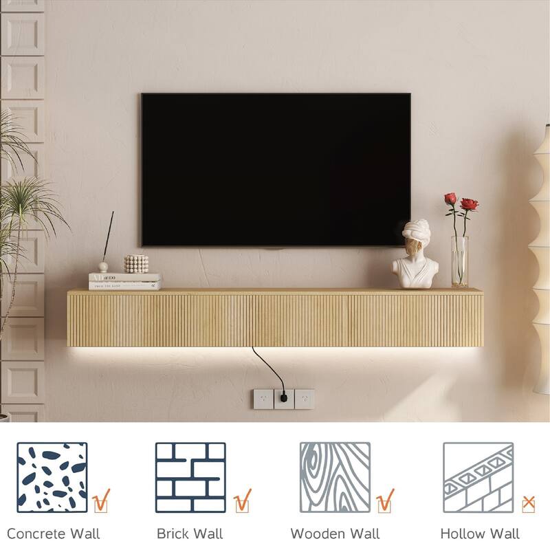 69" Floating TV Stand Wall Mounted with 16 Color LED Lights, Modern TV Cabinet for 55-65 Inch TVs