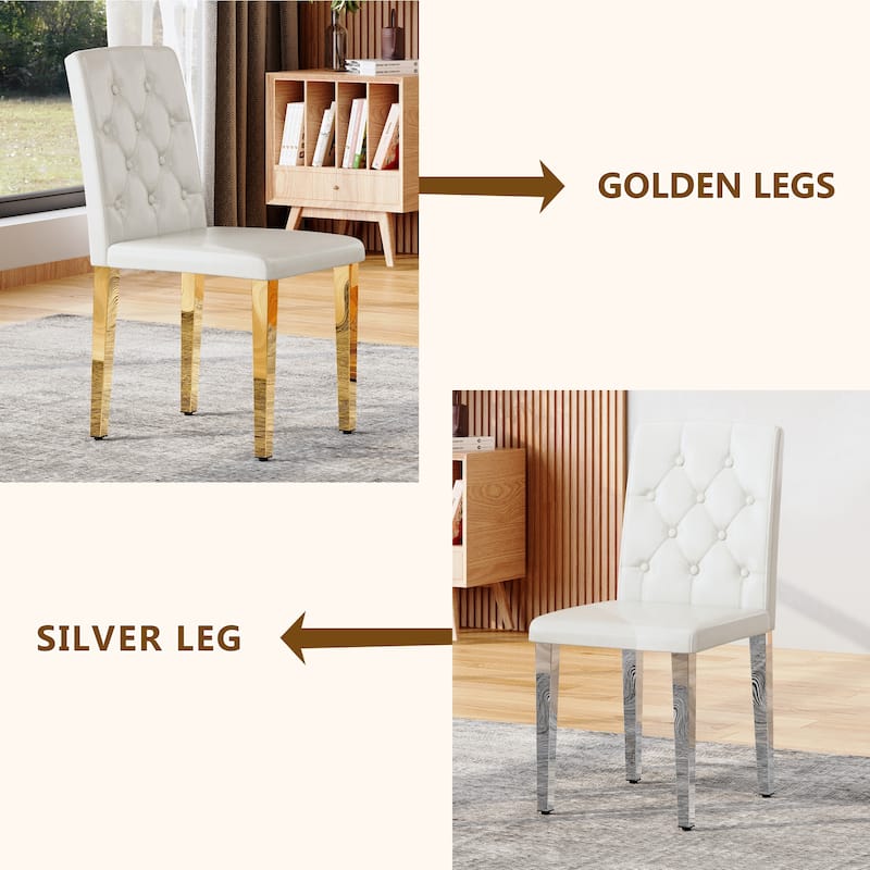 Set of 4 white PU dining chairs: ergonomic buckle backrest, 35 inches high, golden metal legs