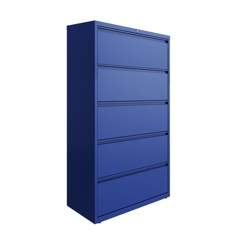 Hirsh 36-in Wide HL10000 Series 5 Drawer Lateral File Cabinet with Posting Shelf and Roll-Out Binder Storage, White - Blue - Legal