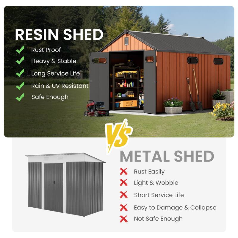 8' x 8' / 8' x 10'/ 8' x 12' Outdoor Resin Storage Shed with Lockable Doors and Air Vents for Garden