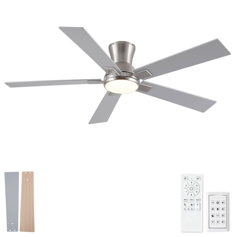 52" Modern Brushed Nickel Finish Reversible Quiet Motor Ceiling Fan with Light and Remote Control