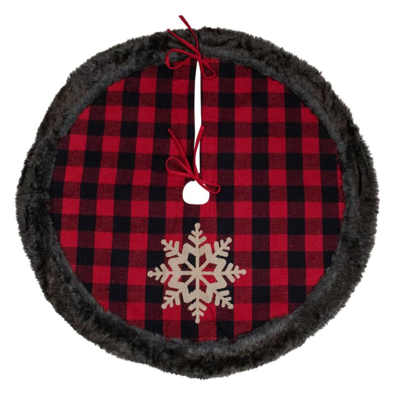 48-Inch Red and Black Christmas Tree Skirt with Burlap Snowflake