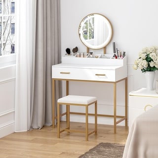 White Gold Makeup Vanity Desk with Mirror Lights 3 Modes Drawers Dressing  Table Cushioned Stool Set for Bedroom - Bed Bath & Beyond - 42934171