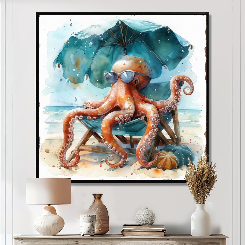 Designart "Octopus On The Beach In HawaII I" Octopus/Squid Animal Framed Canvas Wall Art - Modern Wall Decor Art