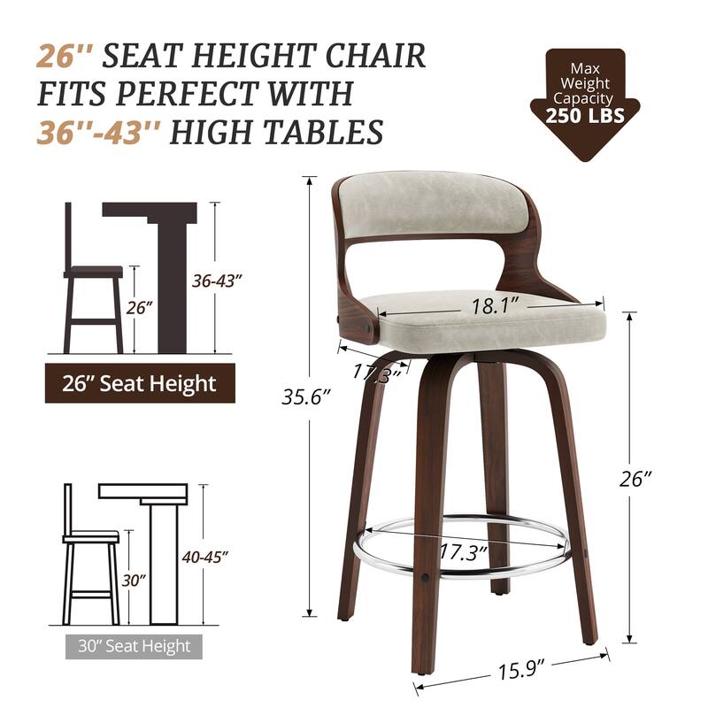 26.in Modern Set of 2 Leather Bar Stool Swivel Upholstered Hollow Back Counter Height Barstool with Wood Frame