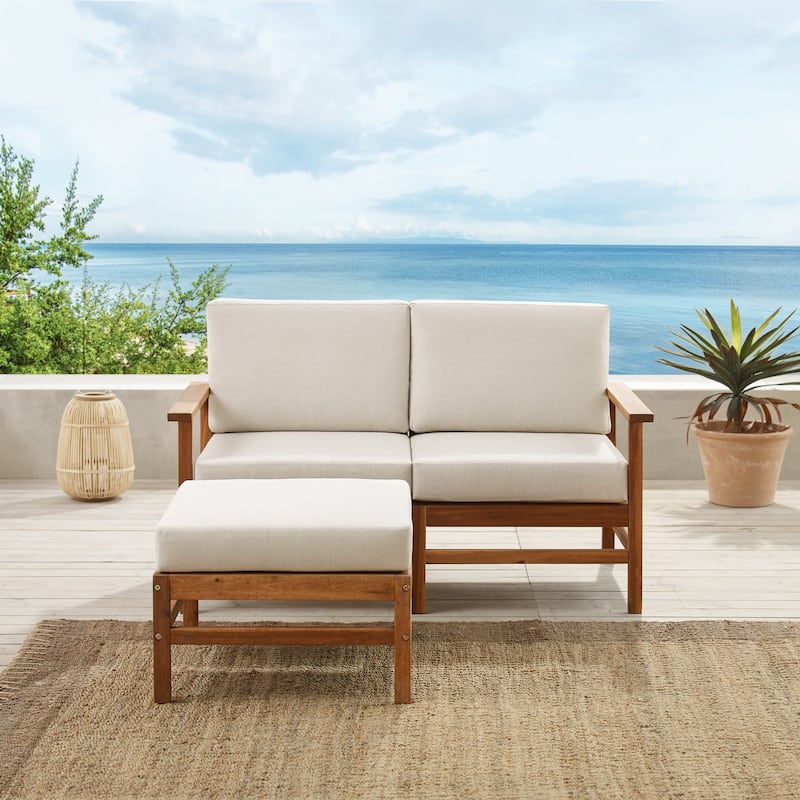 Middlebrook Solid Acacia Patio Love Seat and Ottoman - Brown