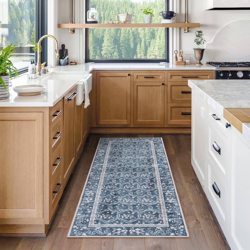 Gertmenian Crystal Print Soft Flat Pile Polyester Slip Resistant Washable Indoor Printed Area Rug Collection - 2' 2" x 6' - Vela Navy - Runner