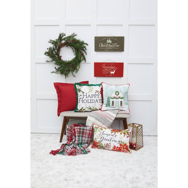 Seasons Greetings Poinsettia Printed and Embroidered Throw Pillow