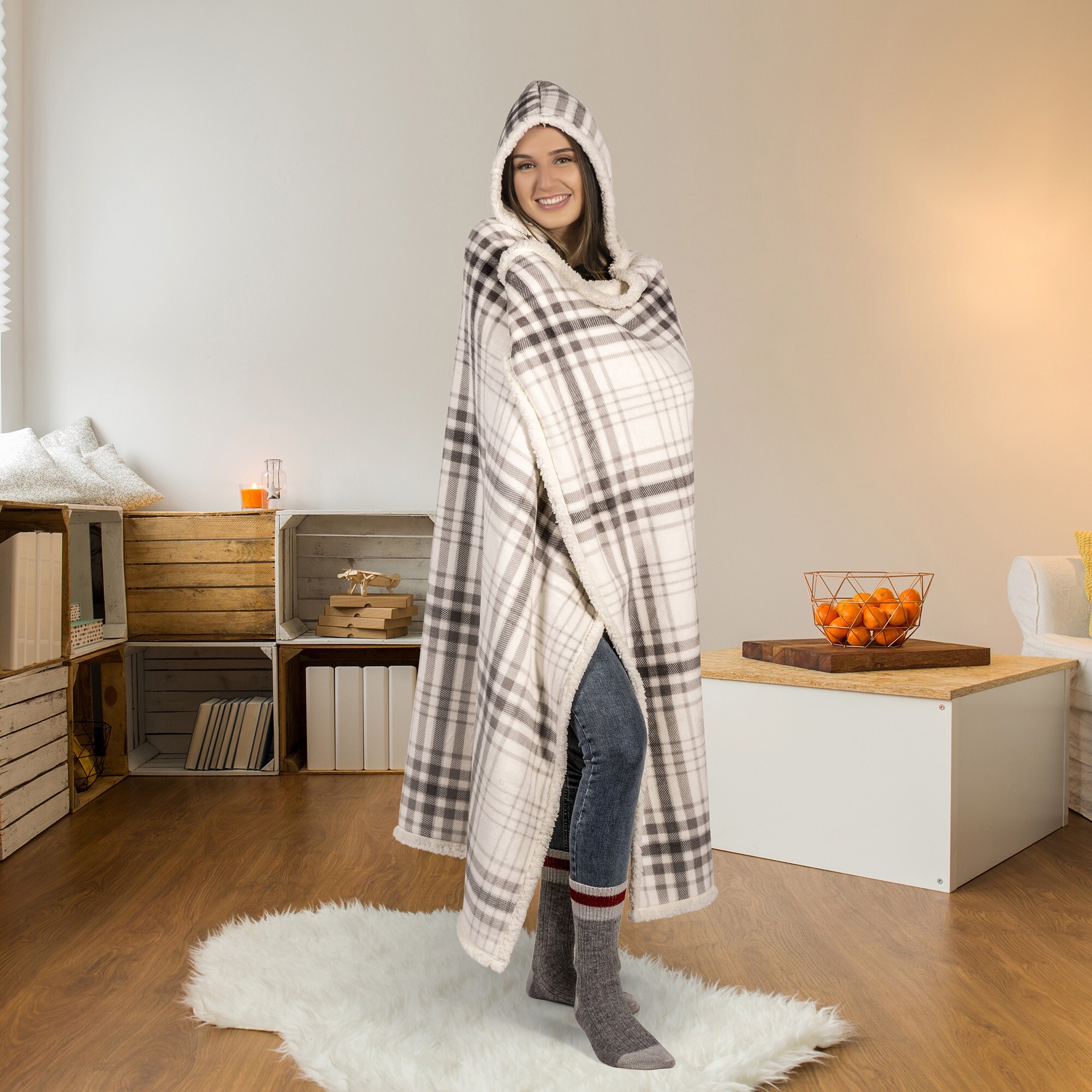 Premium Wearable Hooded Blanket for Adults 65in x 48in Grey Plaid