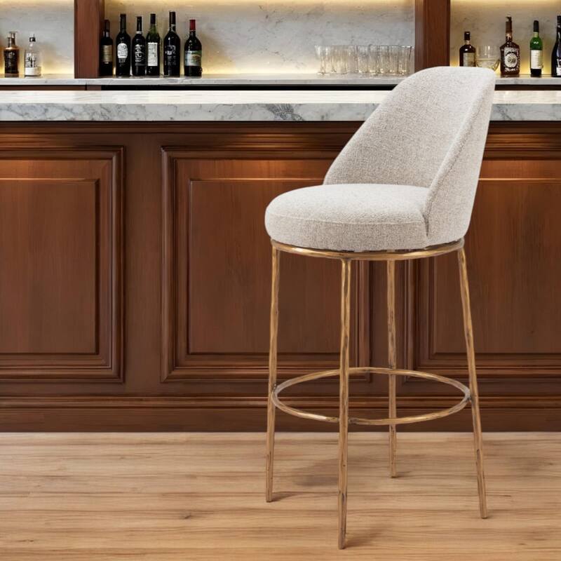 HomeRoots 32" Beige And Gold Fabric And Steel Bar Height Swivel Bar Chair - Bar Height - Beige - Single