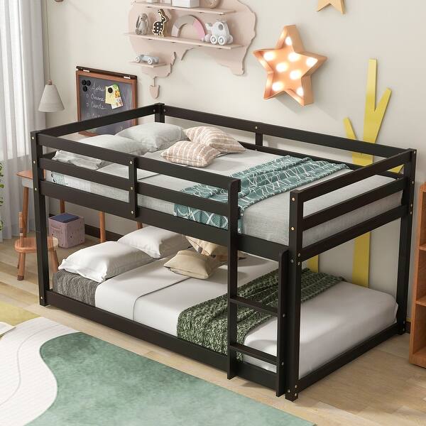 slide 2 of 33, Espresso Bunk Bed Twin Over Twin, Floor Bunk Bed wLadder, Guard Rails