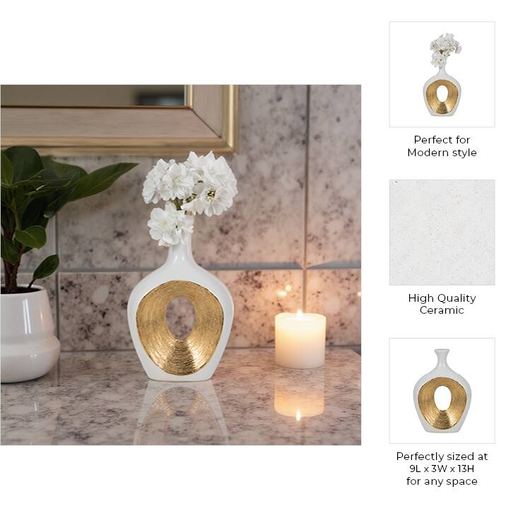 Modern Ceramic Textured Oval Cut-Out Vase - Home Decor - 13"