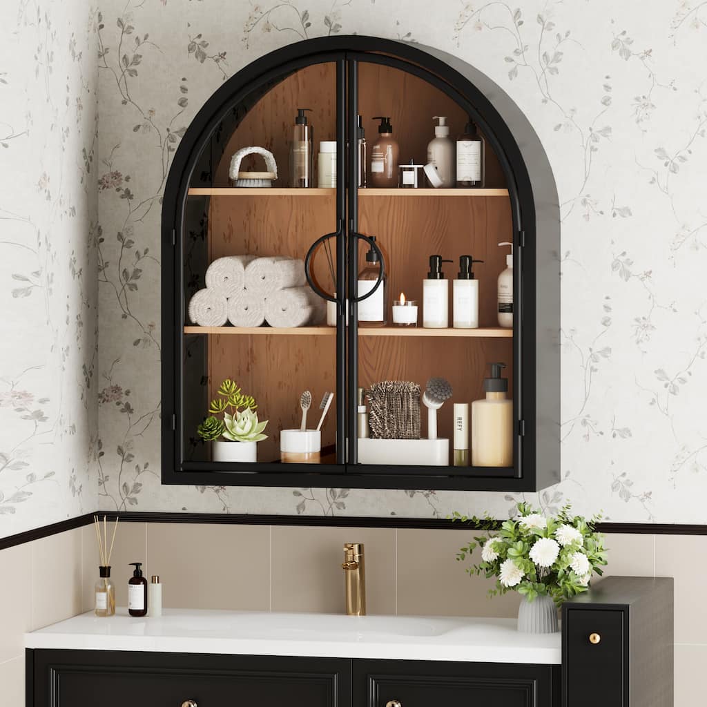 Wall-Mounted Arched Display Cabinet With Tempered Glass Doors, No Assembly Required - 22.8"W × 26.8"H × 7.5"D