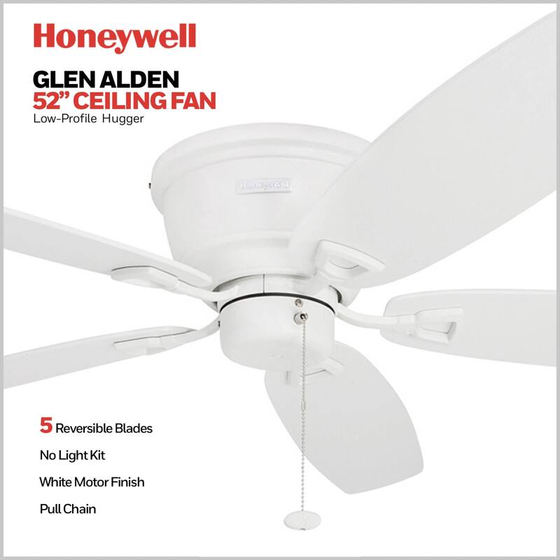 52" Honeywell Glen Alden White Indoor Ceiling Fan, No Light, with Pull Chain