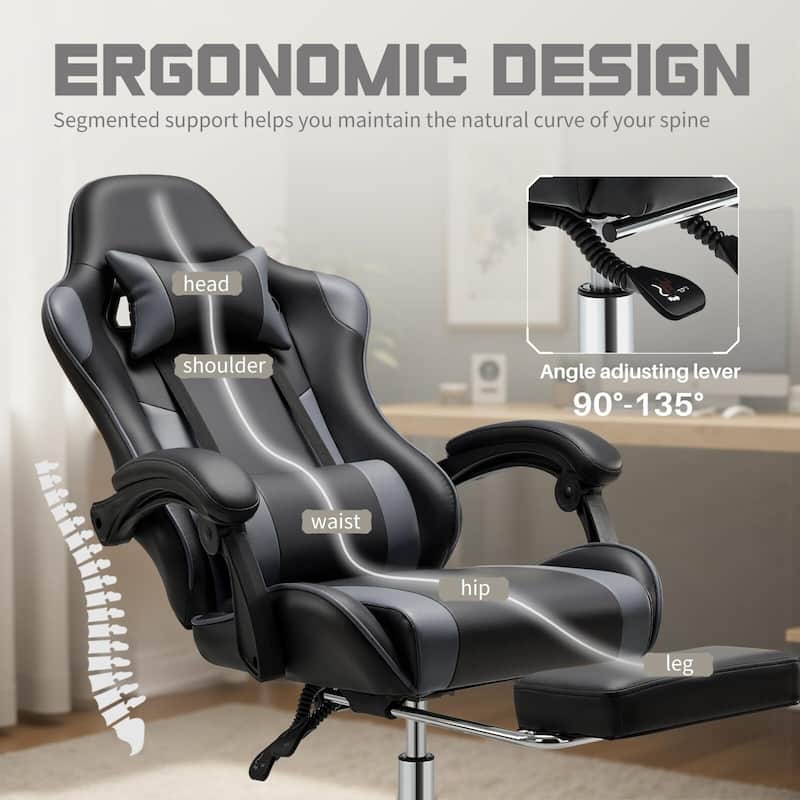Ergonomic Faux Leather High Back Gaming Chair with Footrest & Linkage Armrests – Black & Gray for Adults