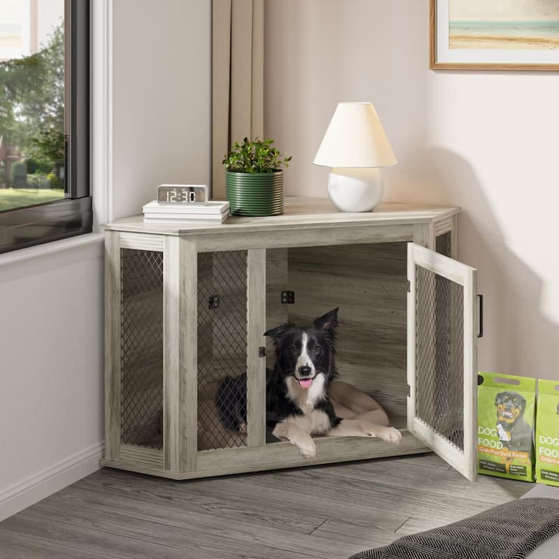 BOSSIN Corner Dog Crate Furniture,44/52 inch Wooden Dog Kennel Furniture with Mesh,Decorative Wood Dog House for Indoor use - 44inch - Grey