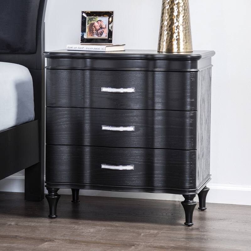 1pc Nightstand Exquisite Bedroom Black Solidwood Turned Wood Legs Bedside Table Furniture Curved Front Panels