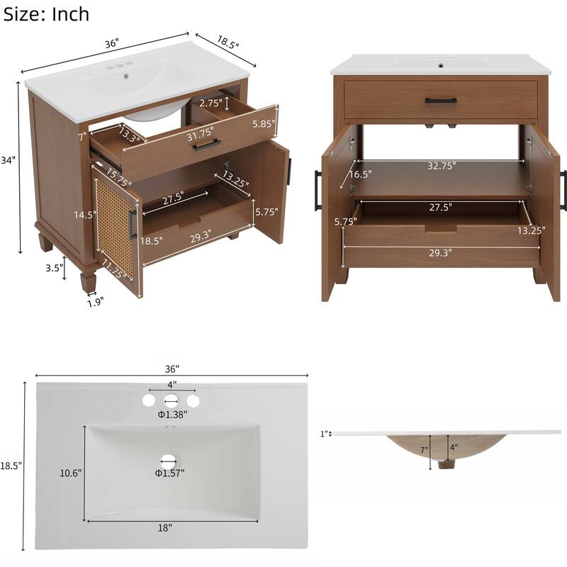 36" Rattan Bathroom Vanity with Ceramic Sink
