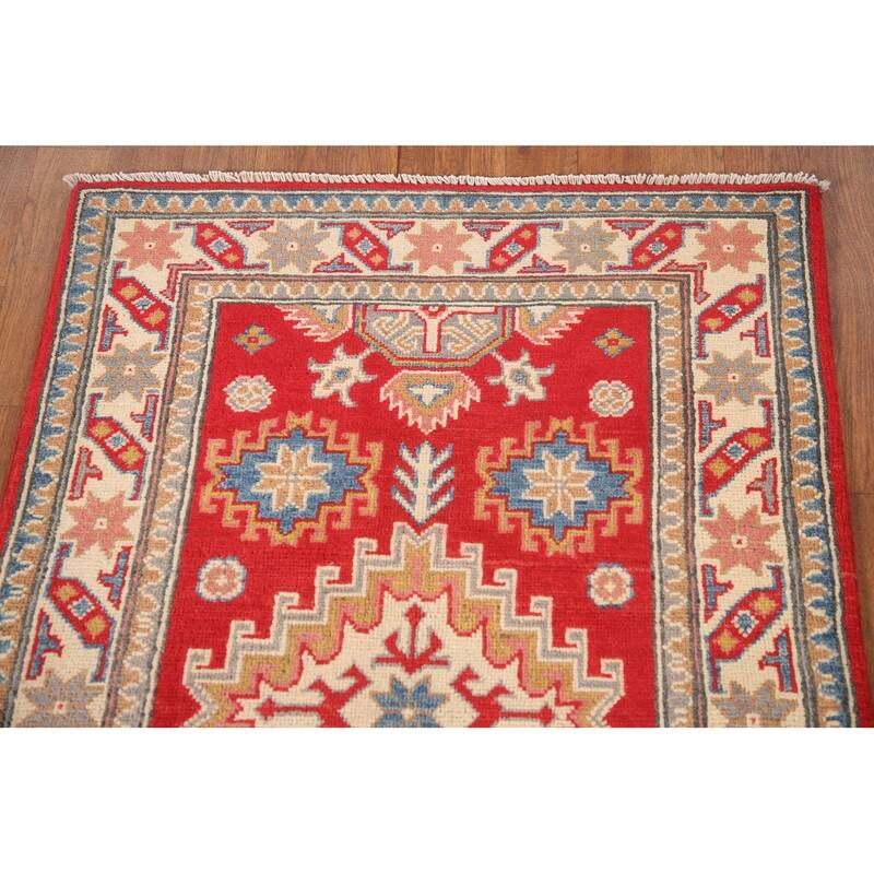 Geometric Red Kazak Oriental Accent Rug Handmade Wool Carpet - 2'9"x 4'2"