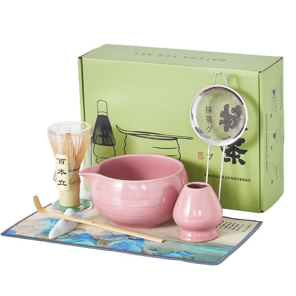 slide 2 of 7, Matcha Whisk Set, 8 Pcs Pink Ceramic & Bamboo Matcha Kit with Ceramic Bowl, Whisk & Scoop, Stainless Steel Sifter Pink