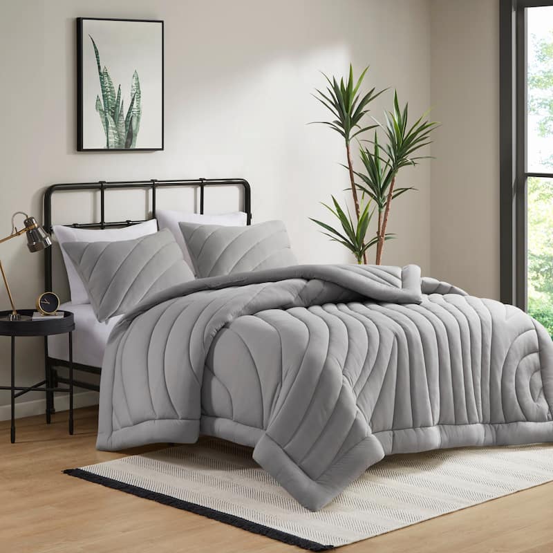 GDF Studio - Elowen Poly Jersey Puffy Comforter Set with Quilted Design - Gray (King/Cal King)
