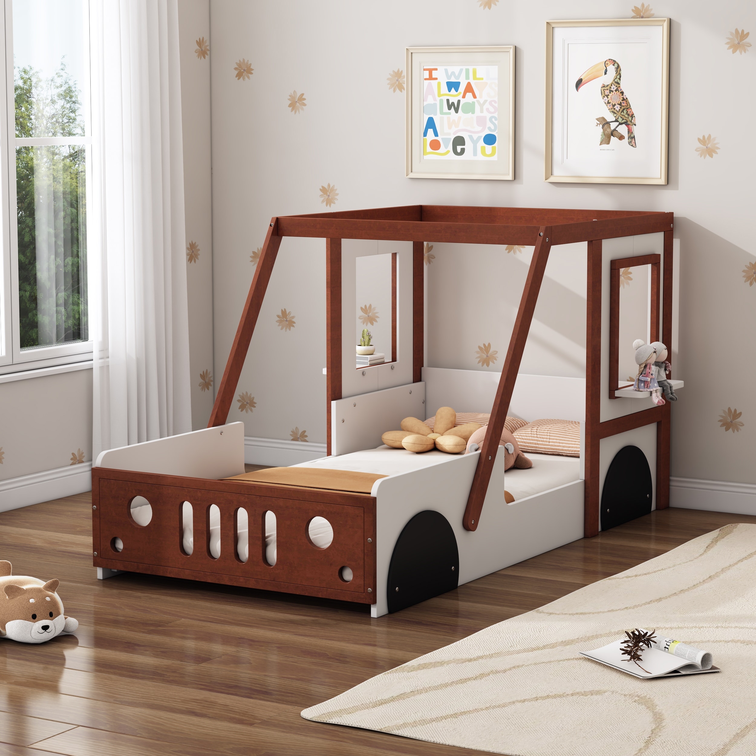 Twin Size Car-Shaped Platform Bed, Wooden Kids Floor Bed Frame