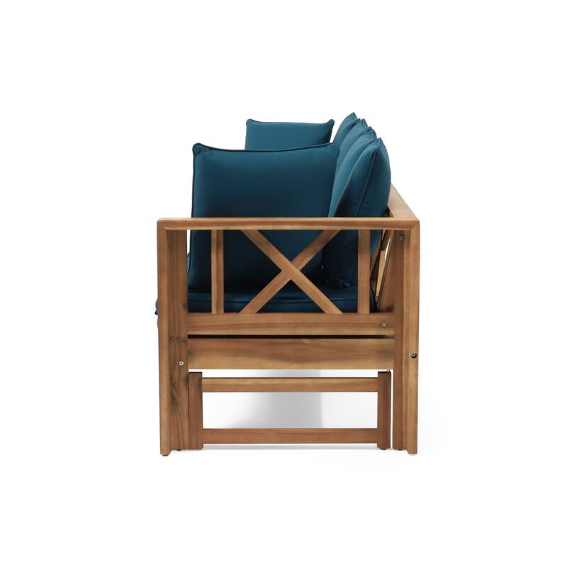 Outdoor 3-Seater Acacia Wood Sofa w/ Cushions, Extendable Patio Daybed