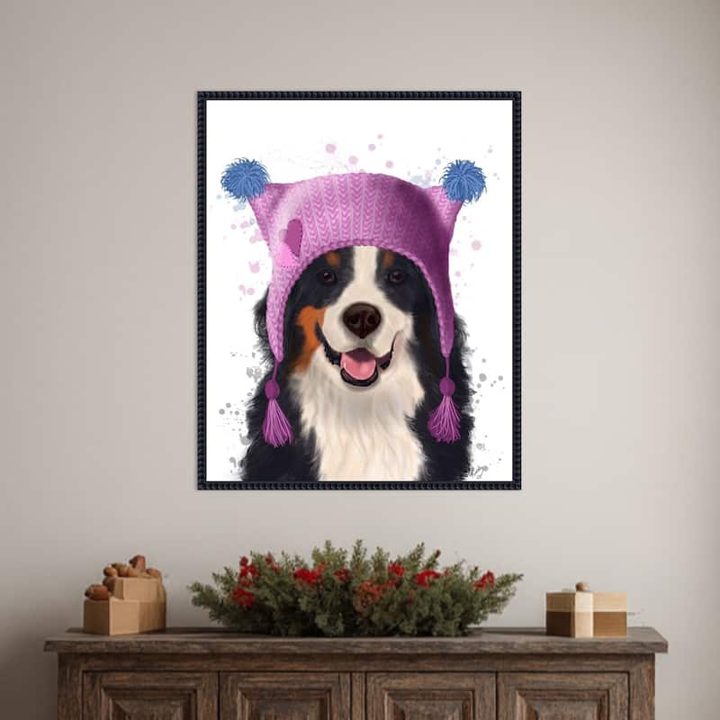 Bernese And Bobble Hat by Fab Funky (23 x 28 in.), Framed Canvas Wall Art Print - Sylvie Beaded Black