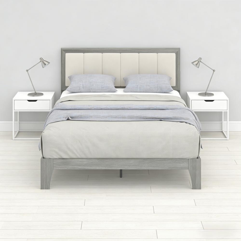 Rubber Wood Platform Bed Frame with Linen Fabric Upholstered Headboard/Adjustable Feet/No Box Spring Needed/Easy Assembly - Gray