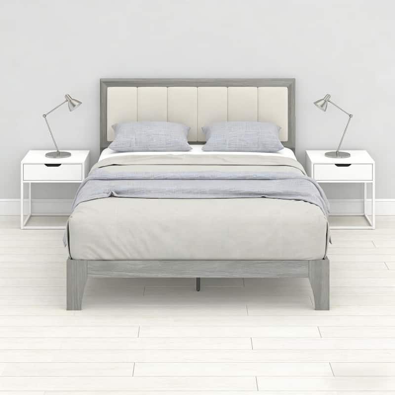 Rubber Wood Platform Bed Frame with Linen Fabric Upholstered Headboard/Adjustable Feet/No Box Spring Needed/Easy Assembly - Gray - Gray Beige - Full