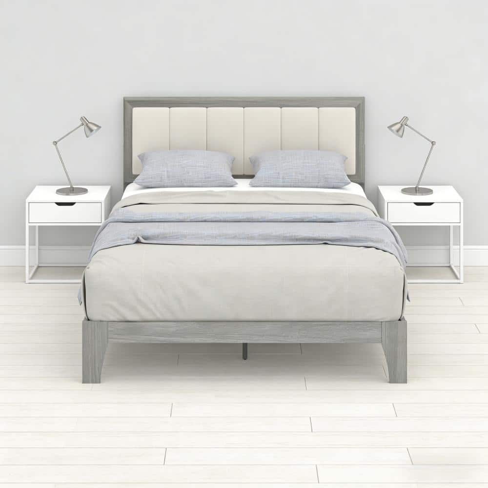 Rubber Wood Platform Bed Frame with Linen Fabric Upholstered Headboard/Adjustable Feet/No Box Spring Needed/Easy Assembly - Gray