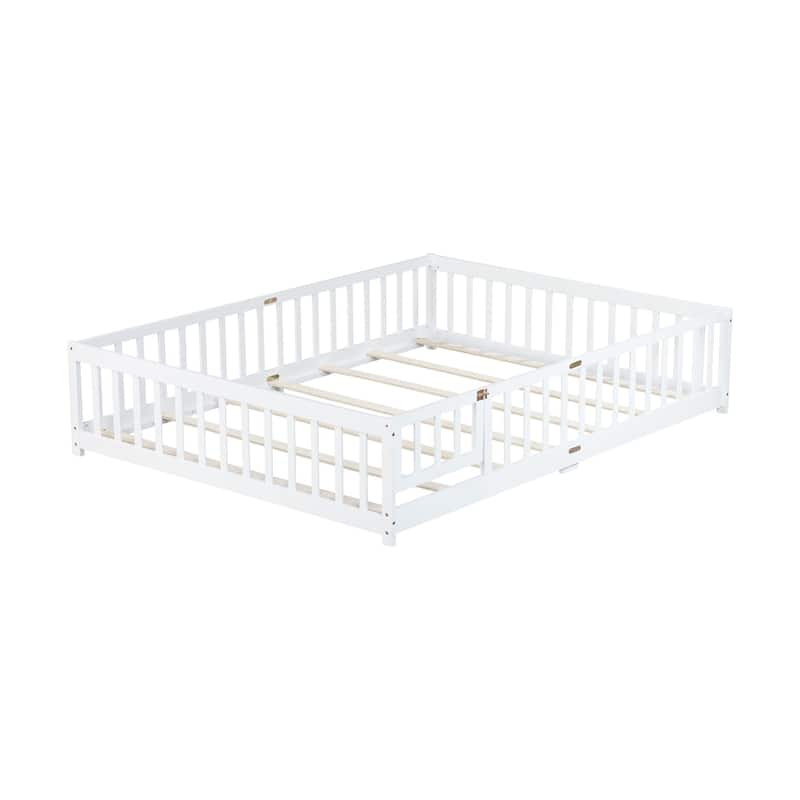 Queen Size Floor Bed with Fence,Door,Rubber Wood Floor Bed with Safety Guardrails
